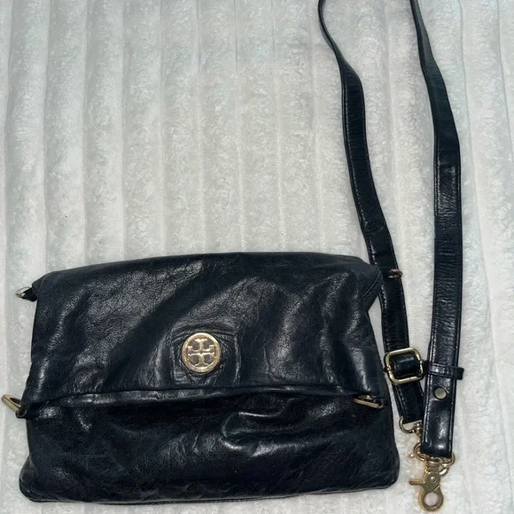 Vintage Tory Burch Dena Fold Over Black Leather Crossbody Bag - Picture 7 of 8
